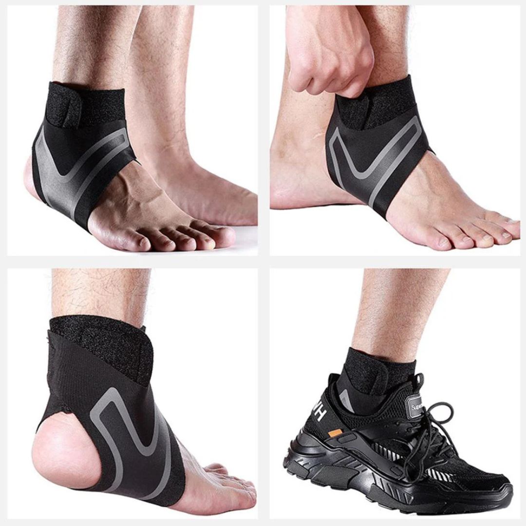 Ankle support brace in gray or white, wrapped around the ankle and closed with straps