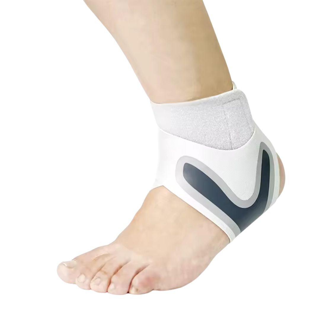 Ankle support brace in gray or white, wrapped around the ankle and closed with straps