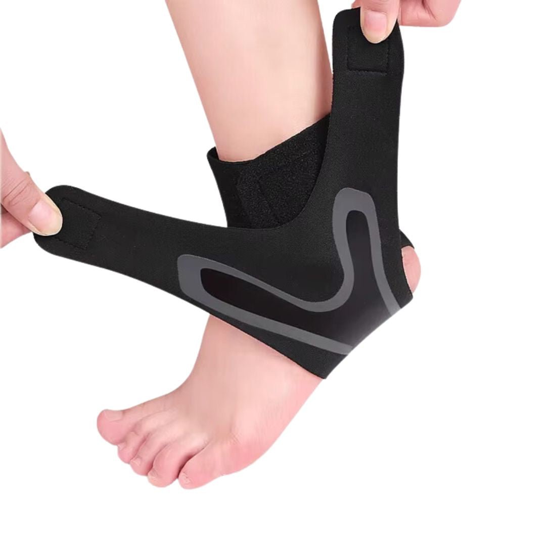 White ankle brace with crossed straps wrapped around a weak ankle