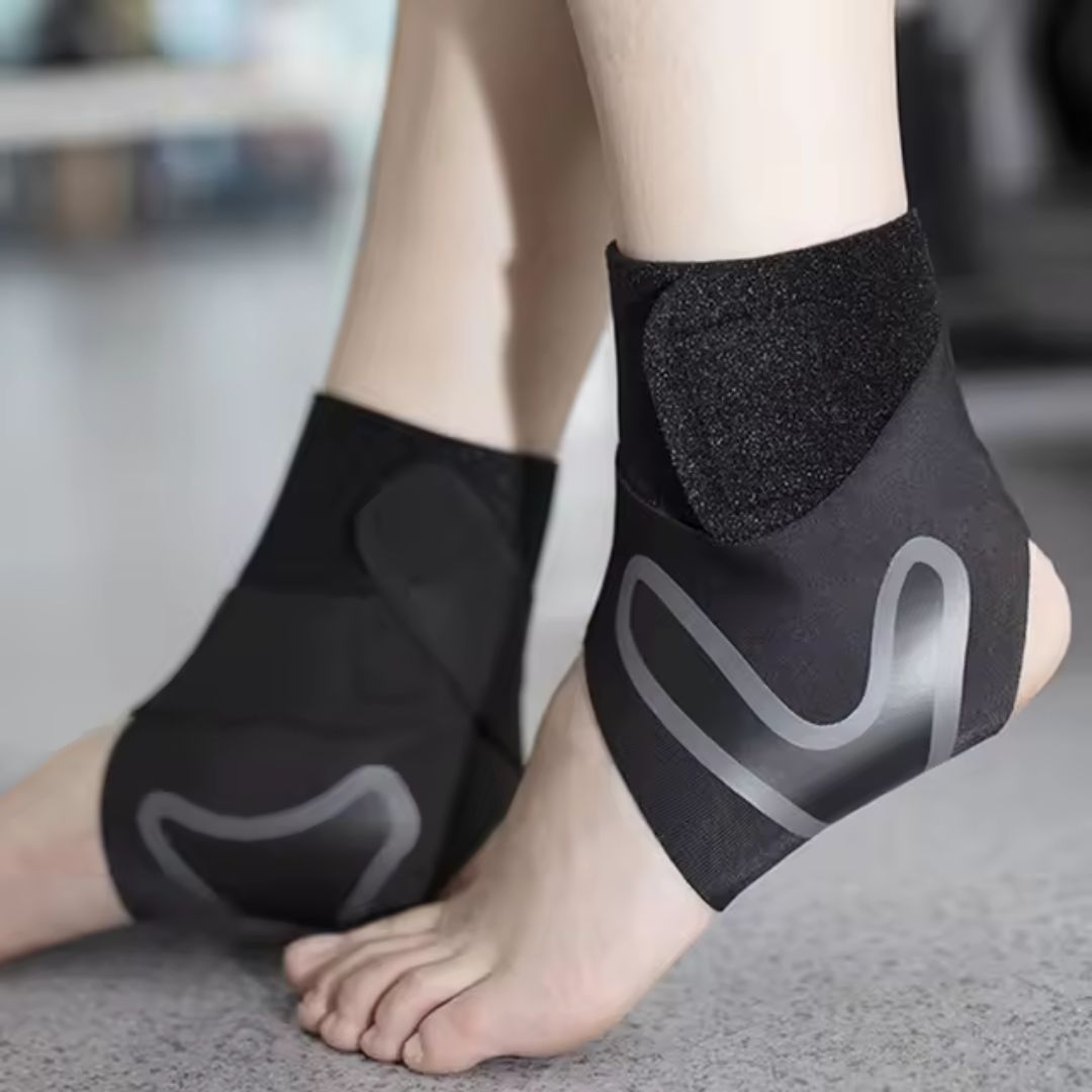 White ankle brace with crossed straps wrapped around a weak ankle