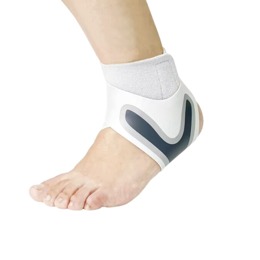 White ankle brace with crossed straps wrapped around a weak ankle
