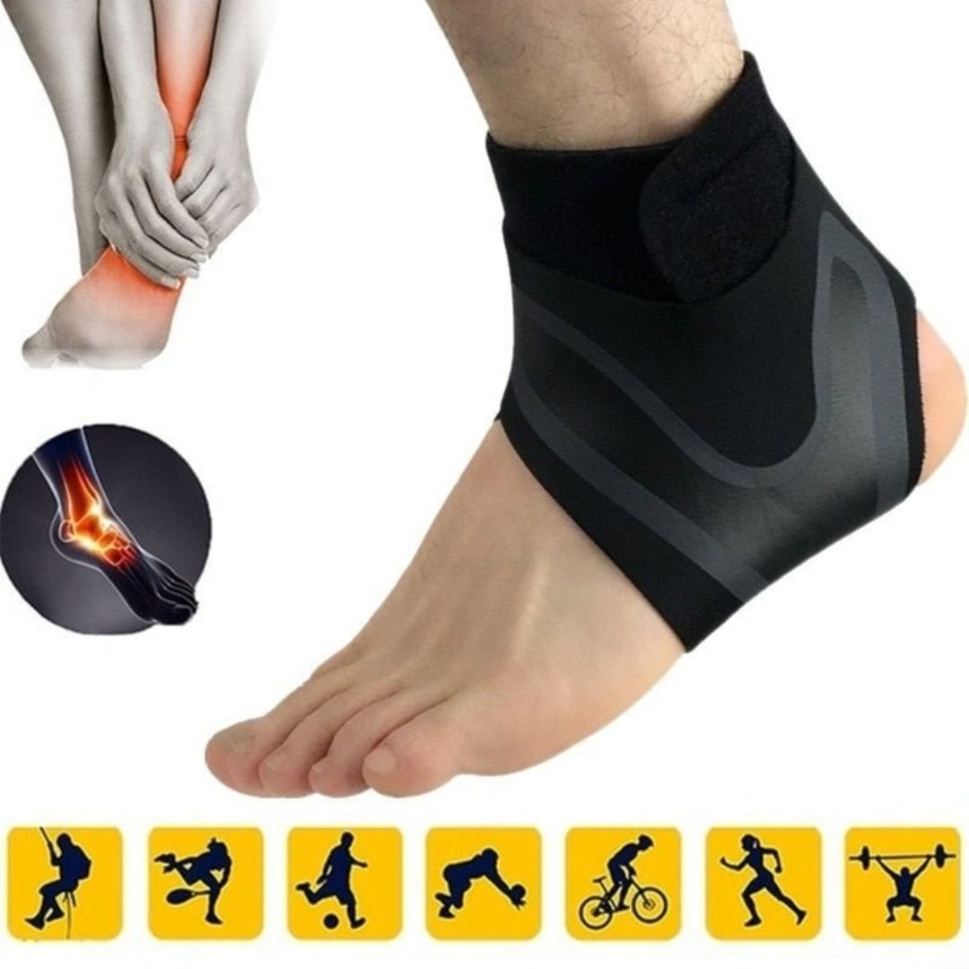 White ankle brace with crossed straps wrapped around a weak ankle