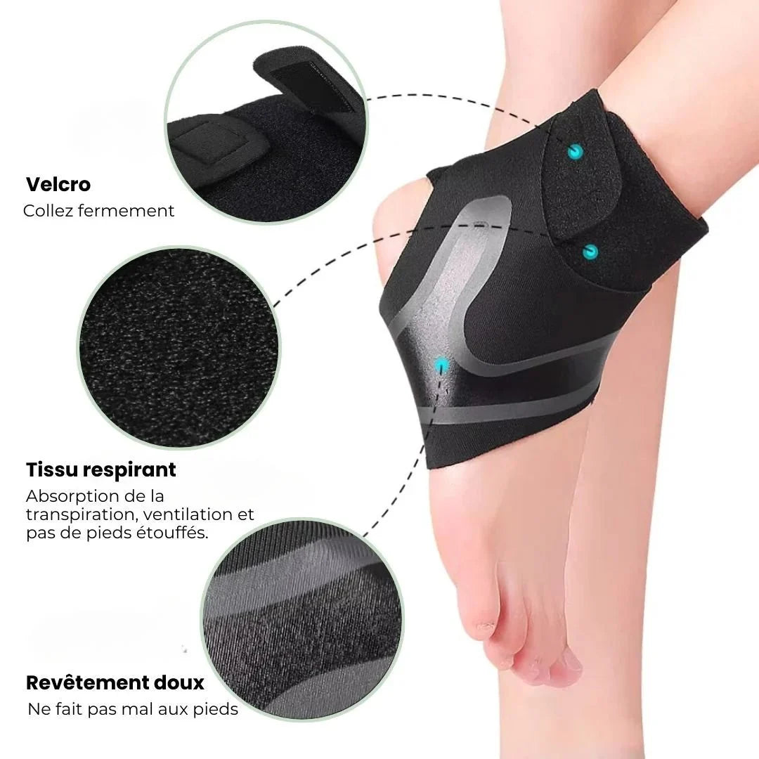 White ankle brace with crossed straps wrapped around a weak ankle