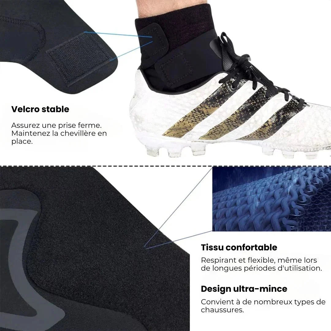 White ankle brace with crossed straps wrapped around a weak ankle