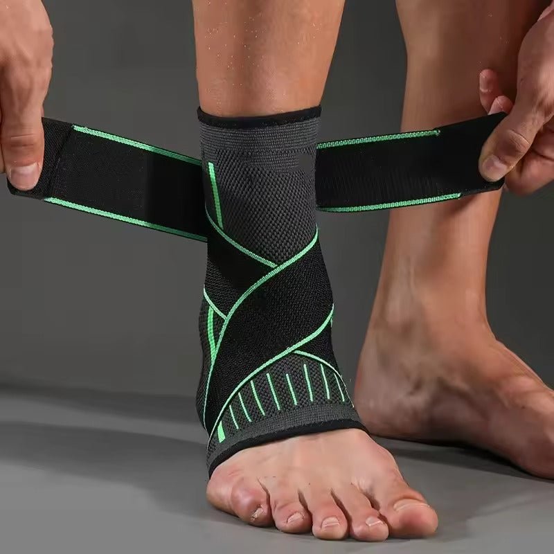 Compression ankle brace sleeve in green and gray, worn around the arch and ankle
