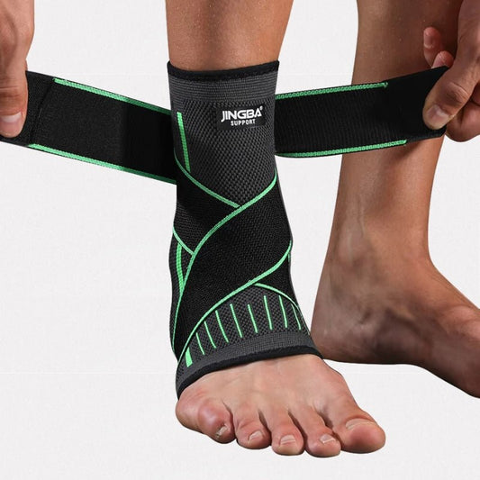 Compression ankle brace in green or gray, sleeved over the arch and the ankle