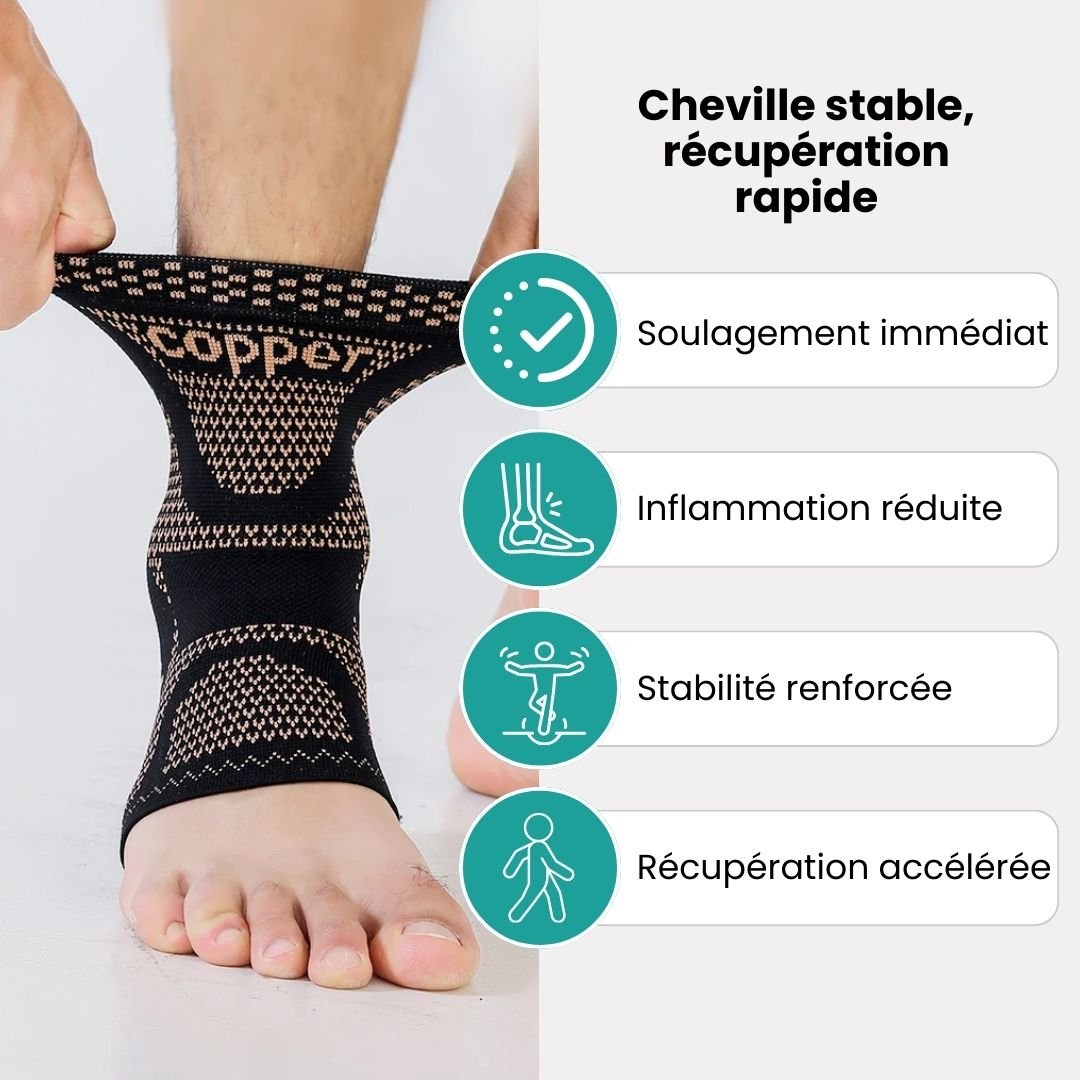 Copper infused compression sleeve pulled on around the ankle
