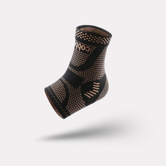Copper infused compression sleeve pulled on around the ankle