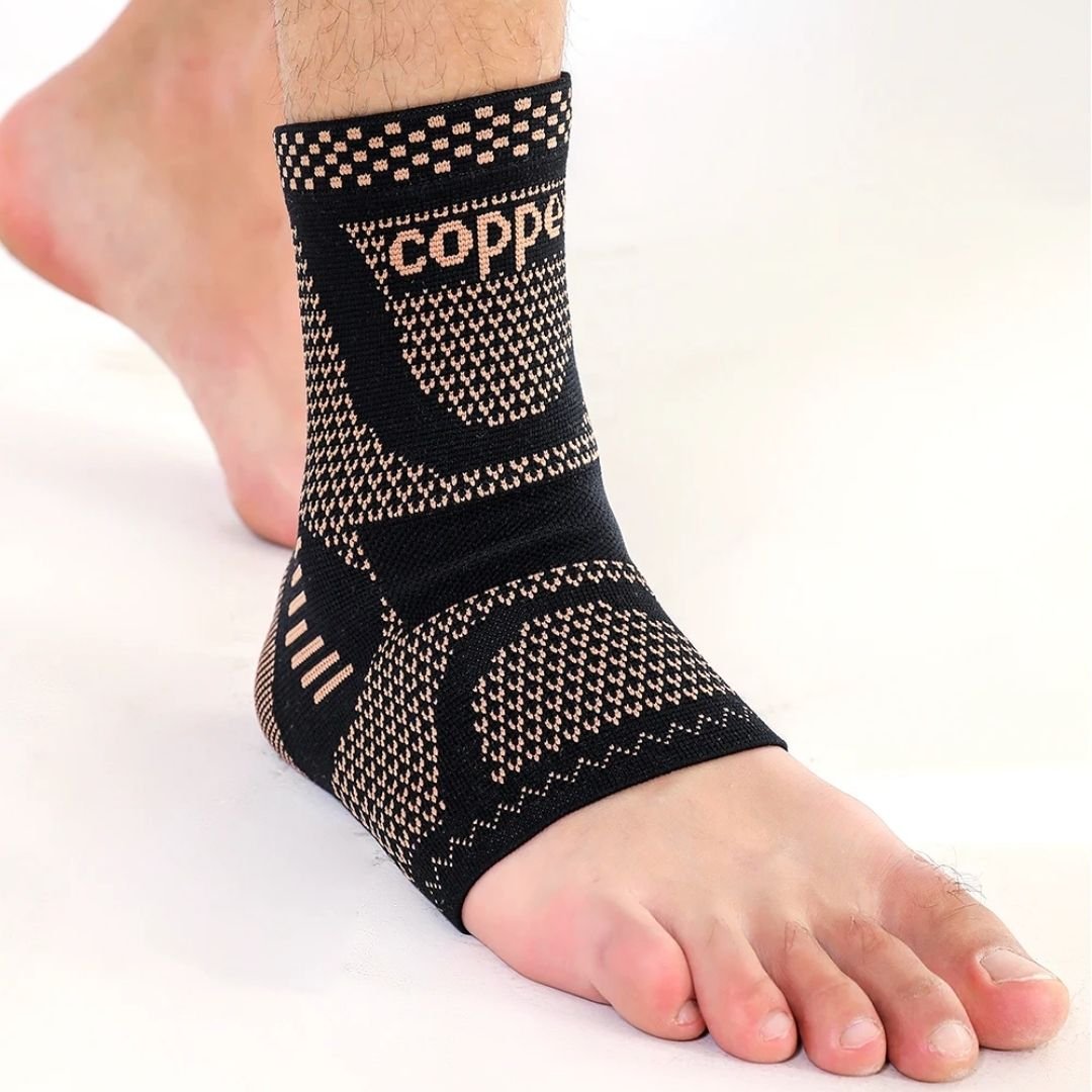 Copper infused compression sleeve pulled on around the ankle