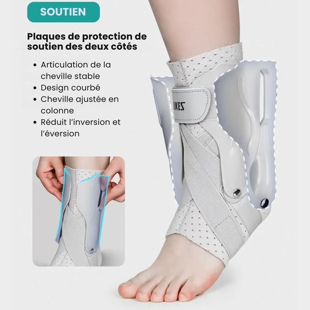 Elastic orthopedic brace with adjustable straps wrapped around the ankle