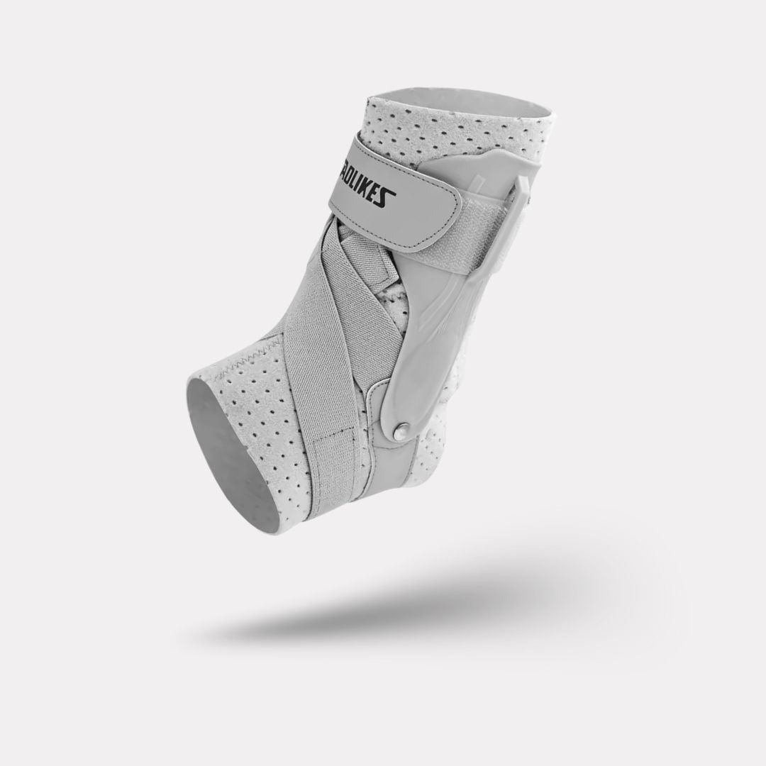 Elastic orthopedic brace with adjustable straps wrapped around the ankle