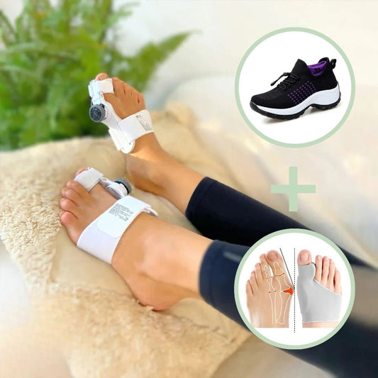 Bunion relief kit with a toe corrector and separators, in purple, blue, red and gray