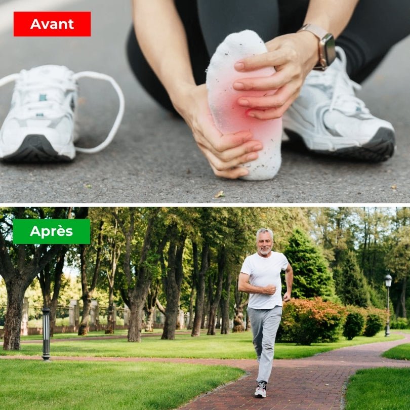 Pair of orthopedic insoles with layered cushioning under the heel and arch