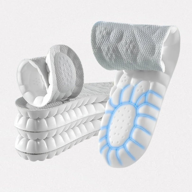 Pair of orthopedic insoles with layered cushioning under the heel and arch