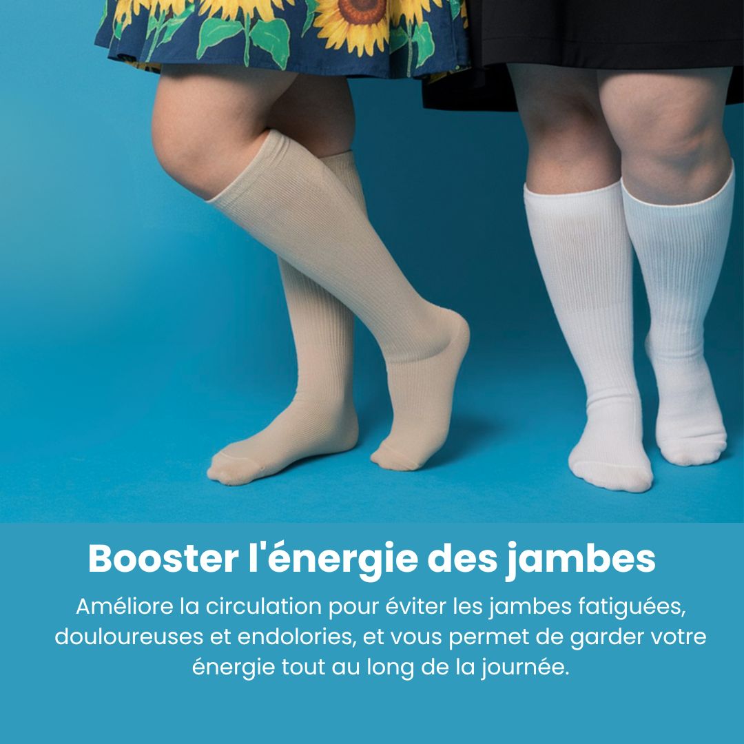 Medical compression socks rated 20 to 30 mmHg in black, white and beige, worn up to the knee