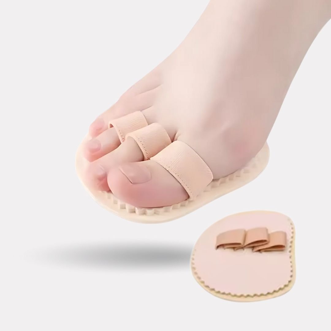 Claw toe corrector with toe loops and a cushion resting under the ball of the foot