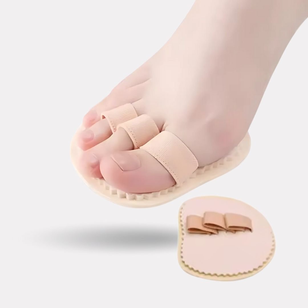 Claw toe corrector with toe loops and a cushion resting under the ball of the foot