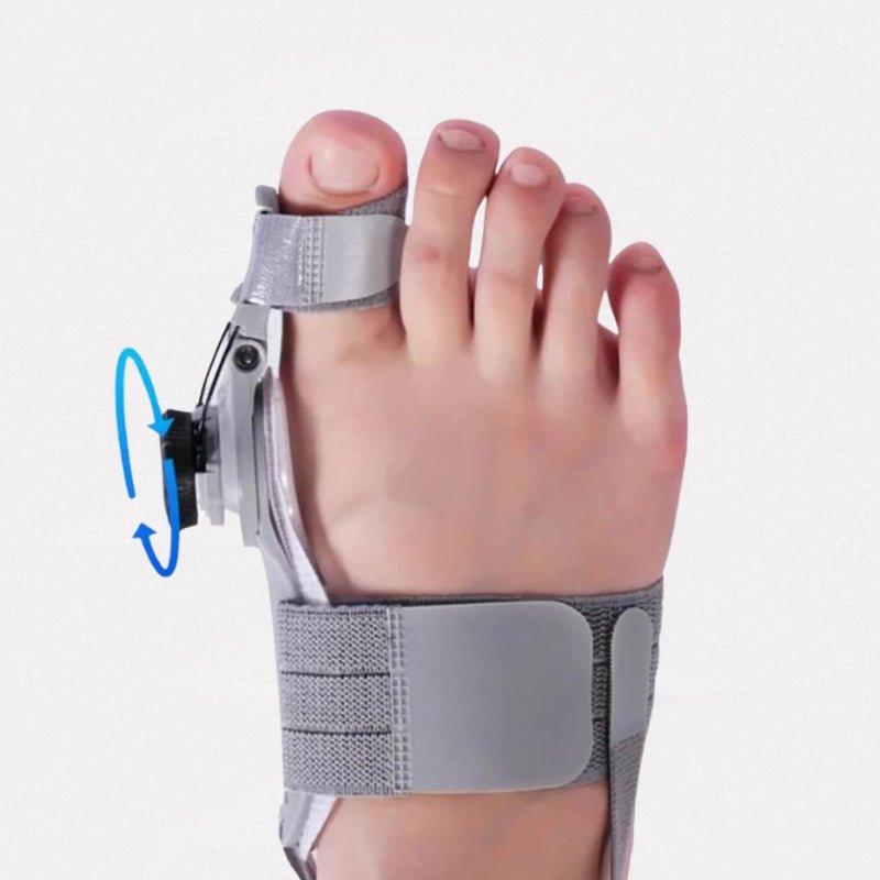 Bunion corrector strap worn over the big toe joint to hold the toe in line