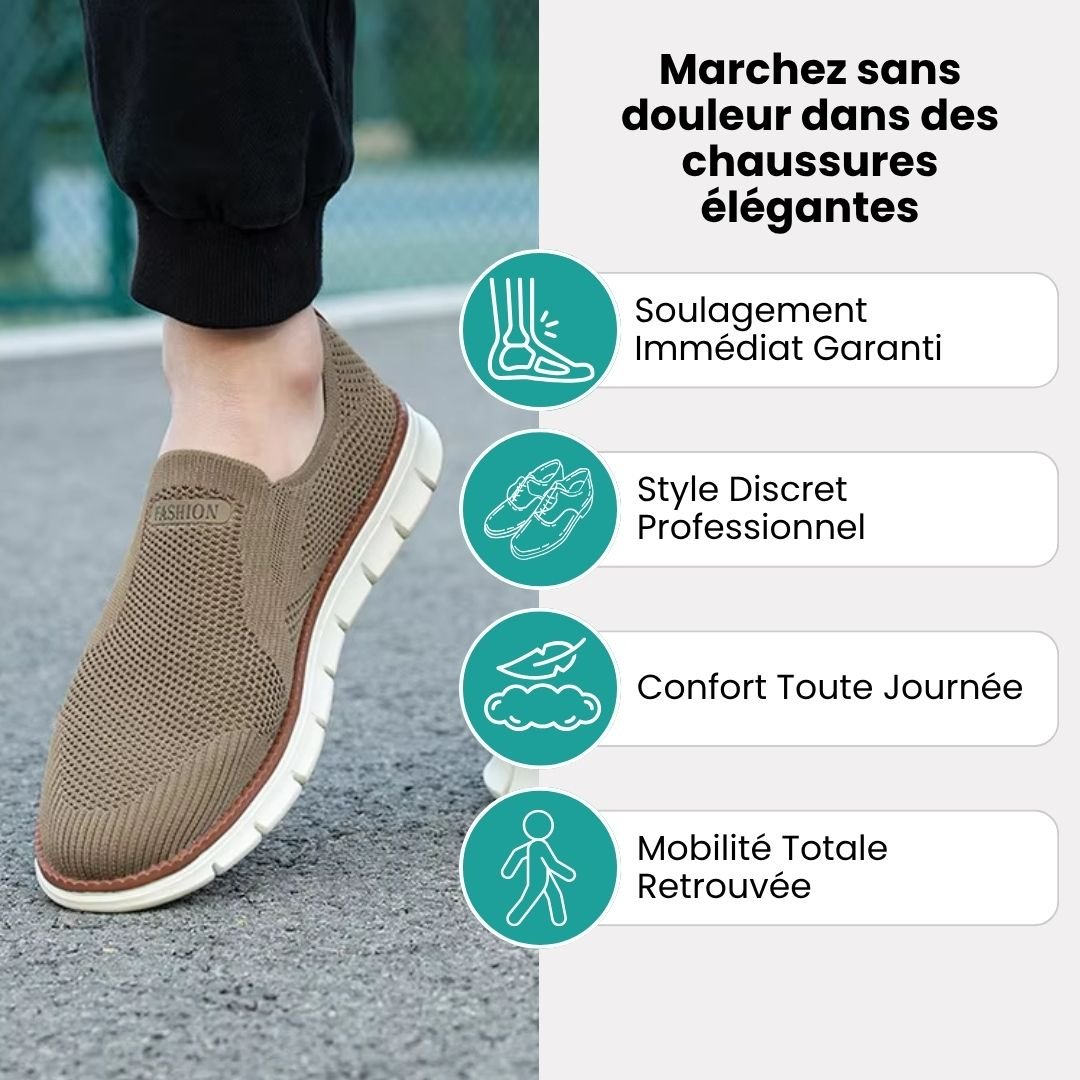Men's relaxed-fit orthopedic shoes in caramel, black and white with a wide toe box