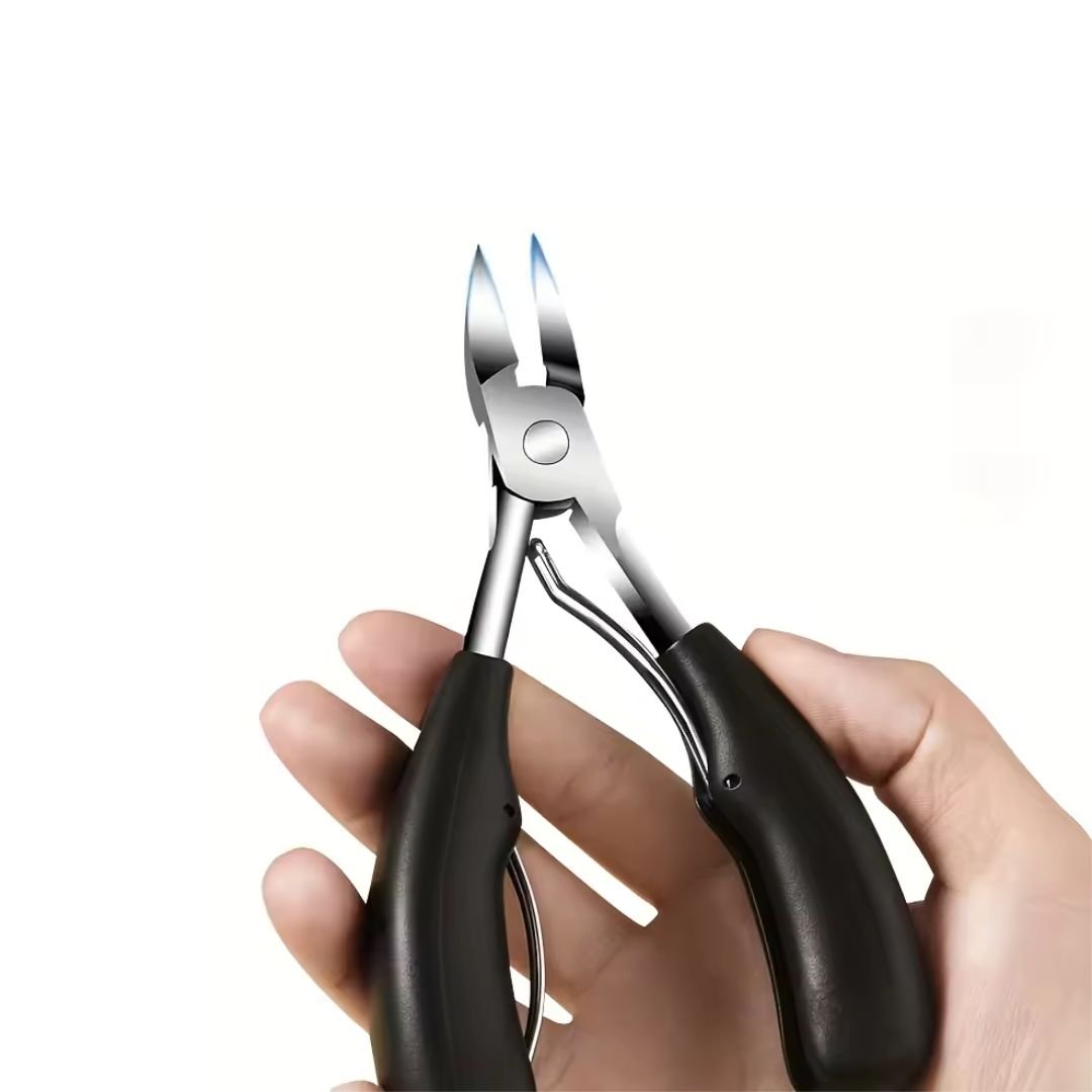 Ingrown toenail clippers with narrow angled blades and a wide ergonomic handle