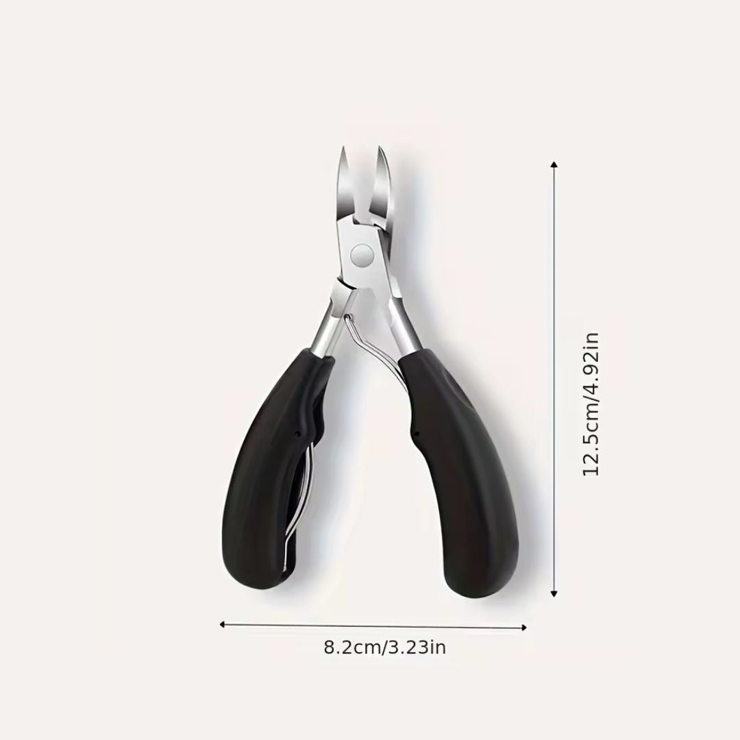 Ingrown toenail clippers with narrow angled blades and a wide ergonomic handle