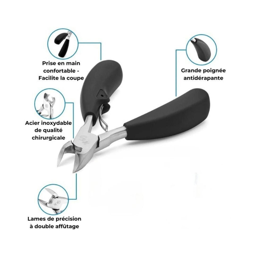 Ingrown toenail clippers with narrow angled blades and a wide ergonomic handle
