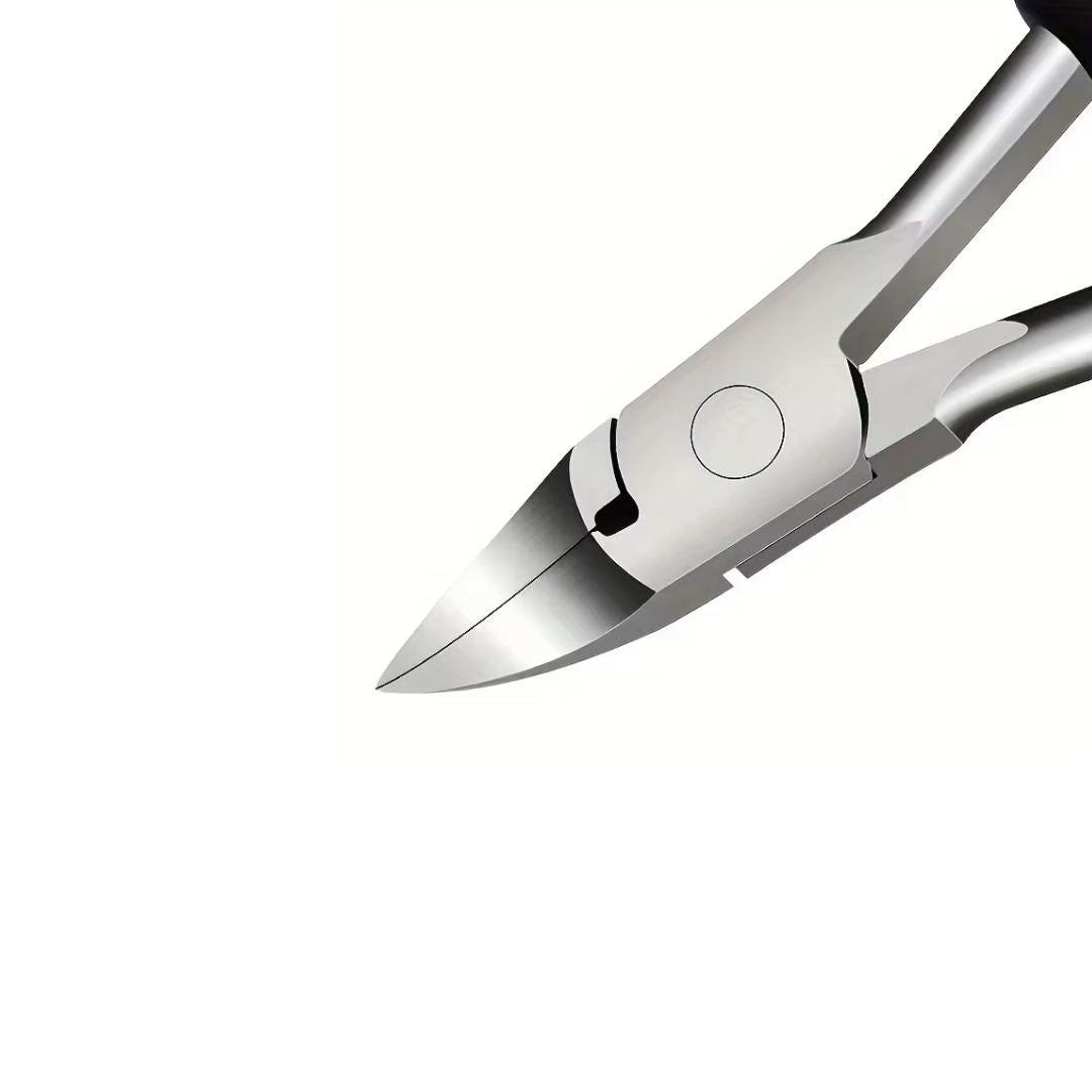 Ingrown toenail clippers with narrow angled blades and a wide ergonomic handle