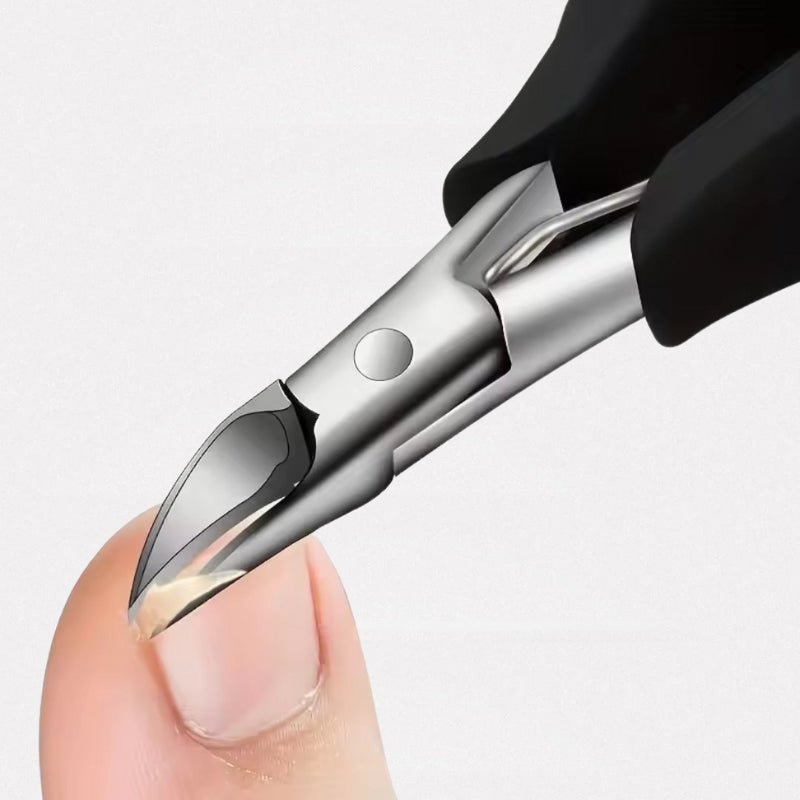 Ingrown toenail clippers with narrow angled blades and a wide ergonomic handle