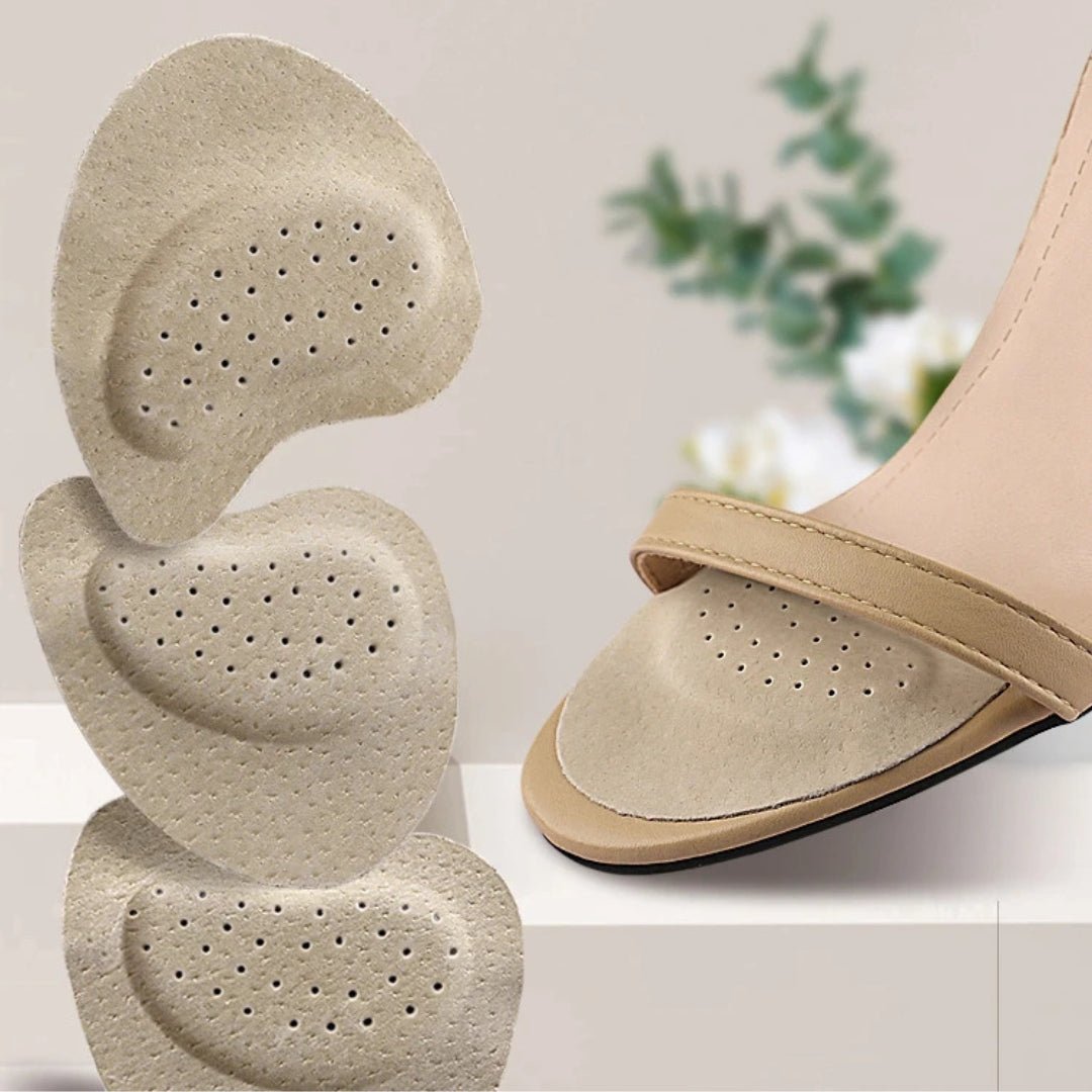 Thin forefoot cushions that sit under the ball of the foot to pad a high heel