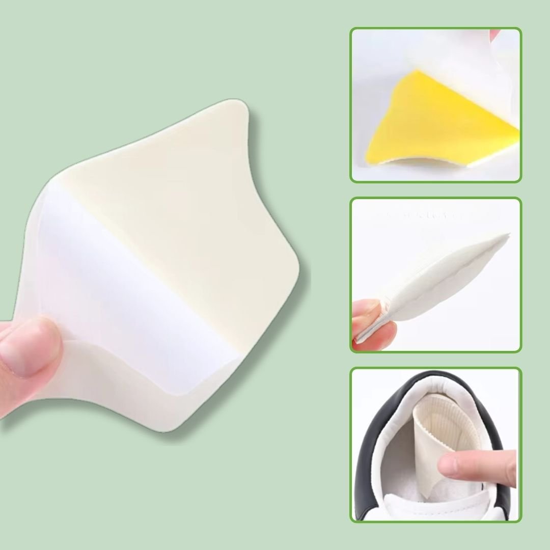 Clear adhesive anti-friction pads trimmed to fit the back of the heel