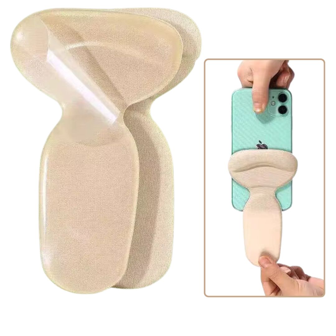 Clear anti-friction pads in black and beige, stuck inside the back of a high heel