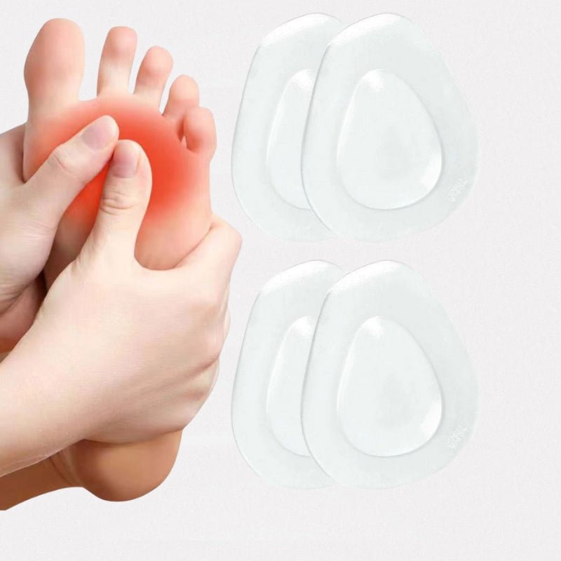Pair of clear gel metatarsal pads cushioning the ball of the foot inside the shoe