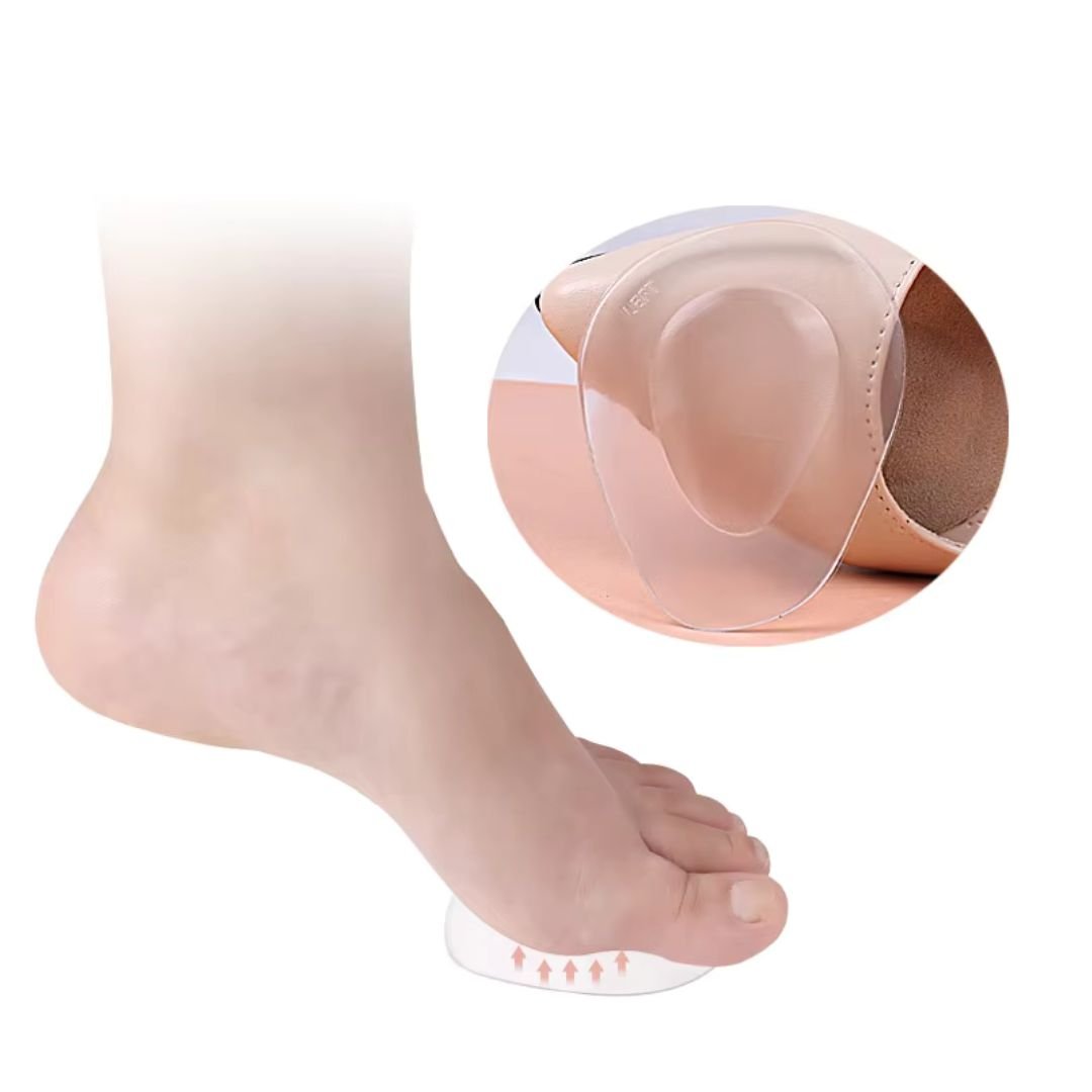Pair of clear gel metatarsal pads cushioning the ball of the foot inside the shoe