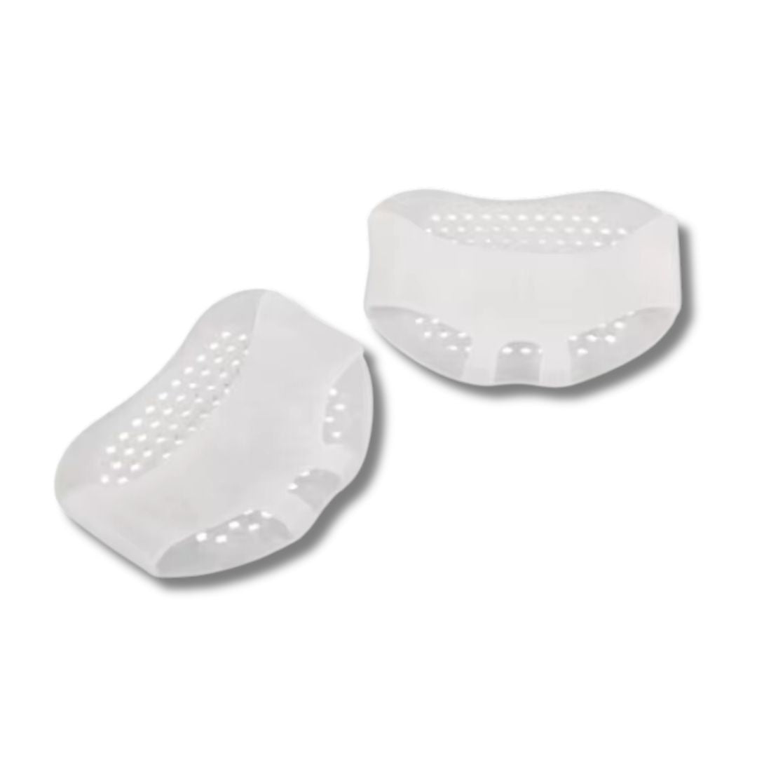 Silicone metatarsal pads in white, clear black and nude, worn under the ball of the foot