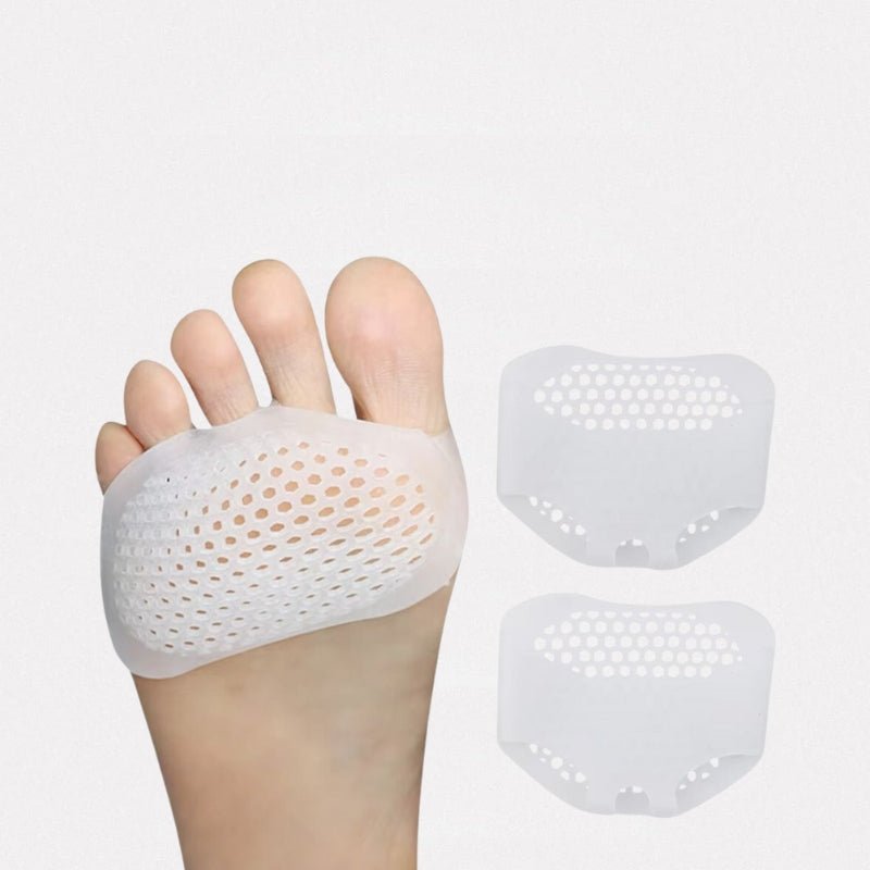 Silicone metatarsal pads in white, clear black and nude, worn under the ball of the foot