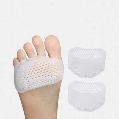 Silicone metatarsal pads in white, clear black and nude, worn under the ball of the foot