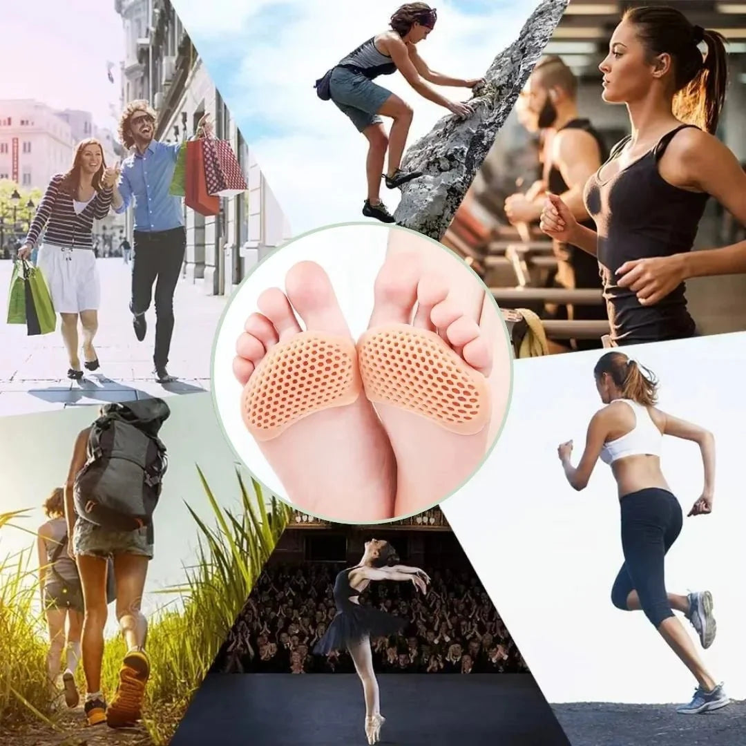Silicone metatarsal pads in white, clear black and nude, worn under the ball of the foot