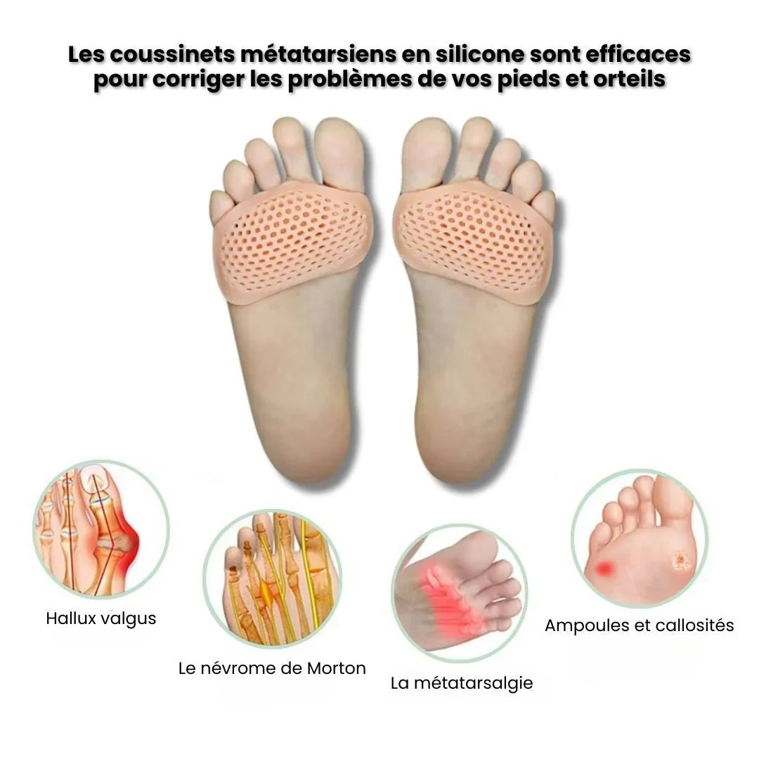 Silicone metatarsal pads in white, clear black and nude, worn under the ball of the foot