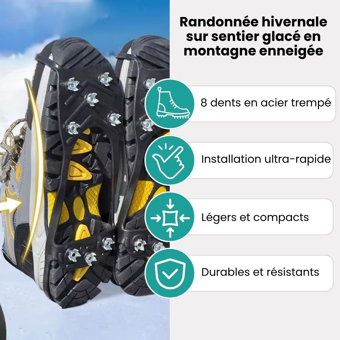 Non-slip rubber crampons with eight steel spikes, stretched over the sole of a shoe