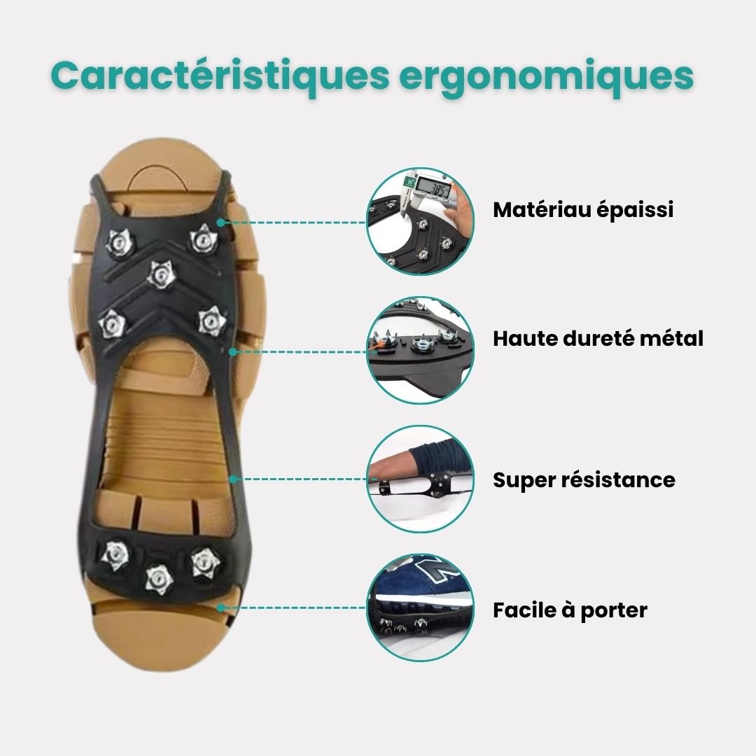 Non-slip rubber crampons with eight steel spikes, stretched over the sole of a shoe
