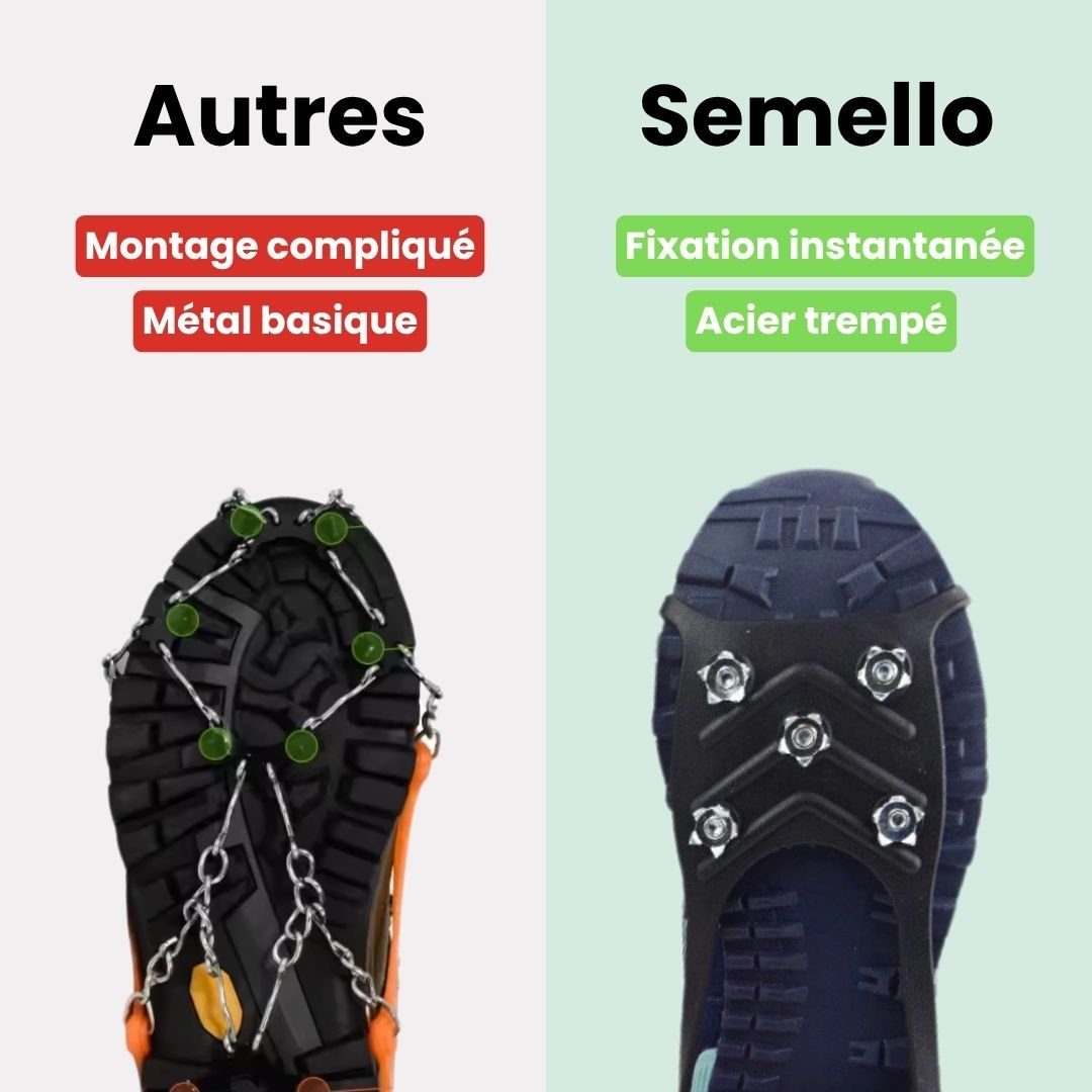 Non-slip rubber crampons with eight steel spikes, stretched over the sole of a shoe