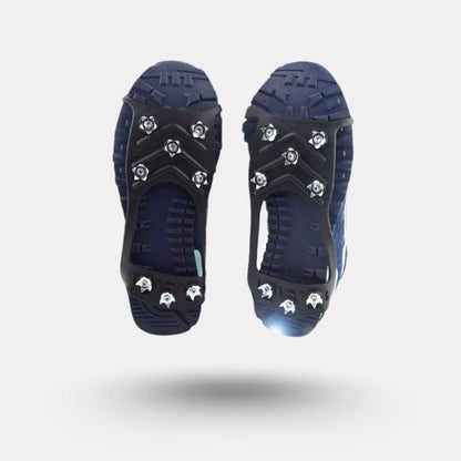 Non-slip rubber crampons with eight steel spikes, stretched over the sole of a shoe