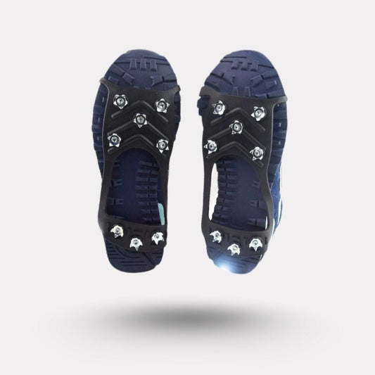 Non-slip rubber crampons with eight steel spikes, stretched over the sole of a shoe