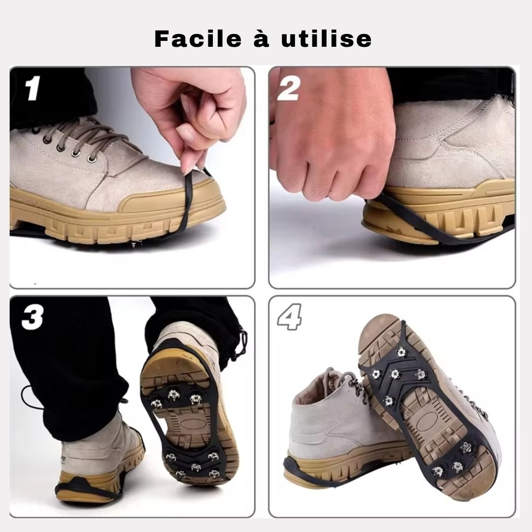 Non-slip rubber crampons with eight steel spikes, stretched over the sole of a shoe