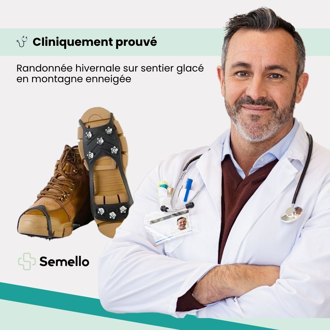 Non-slip rubber crampons with eight steel spikes, stretched over the sole of a shoe