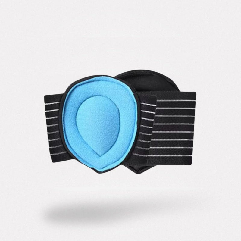 Arch support half insoles in blue, gray and beige, tucked under the arch inside a shoe