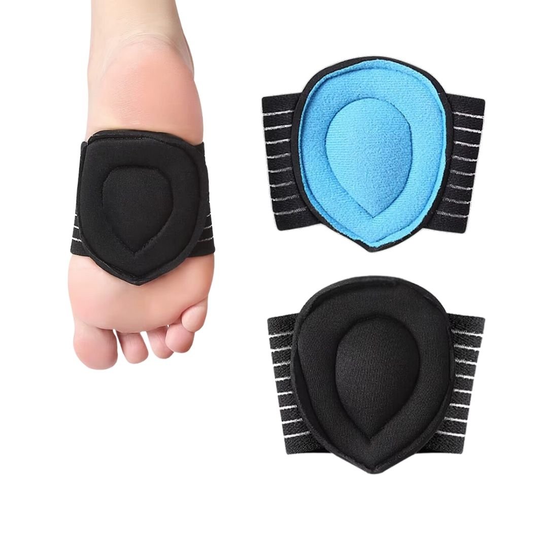 Arch support half insoles in blue, gray and beige, tucked under the arch inside a shoe
