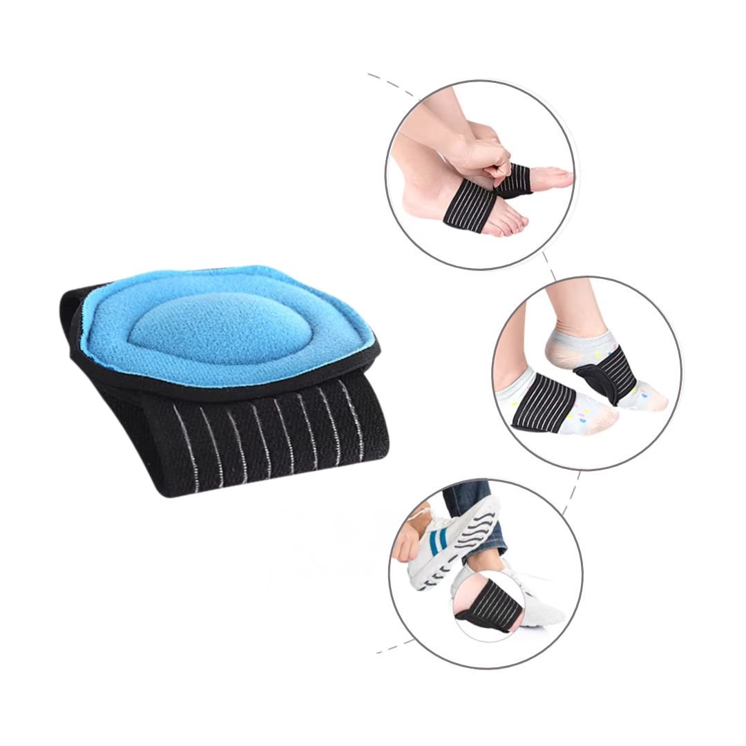 Arch support half insoles in blue, gray and beige, tucked under the arch inside a shoe