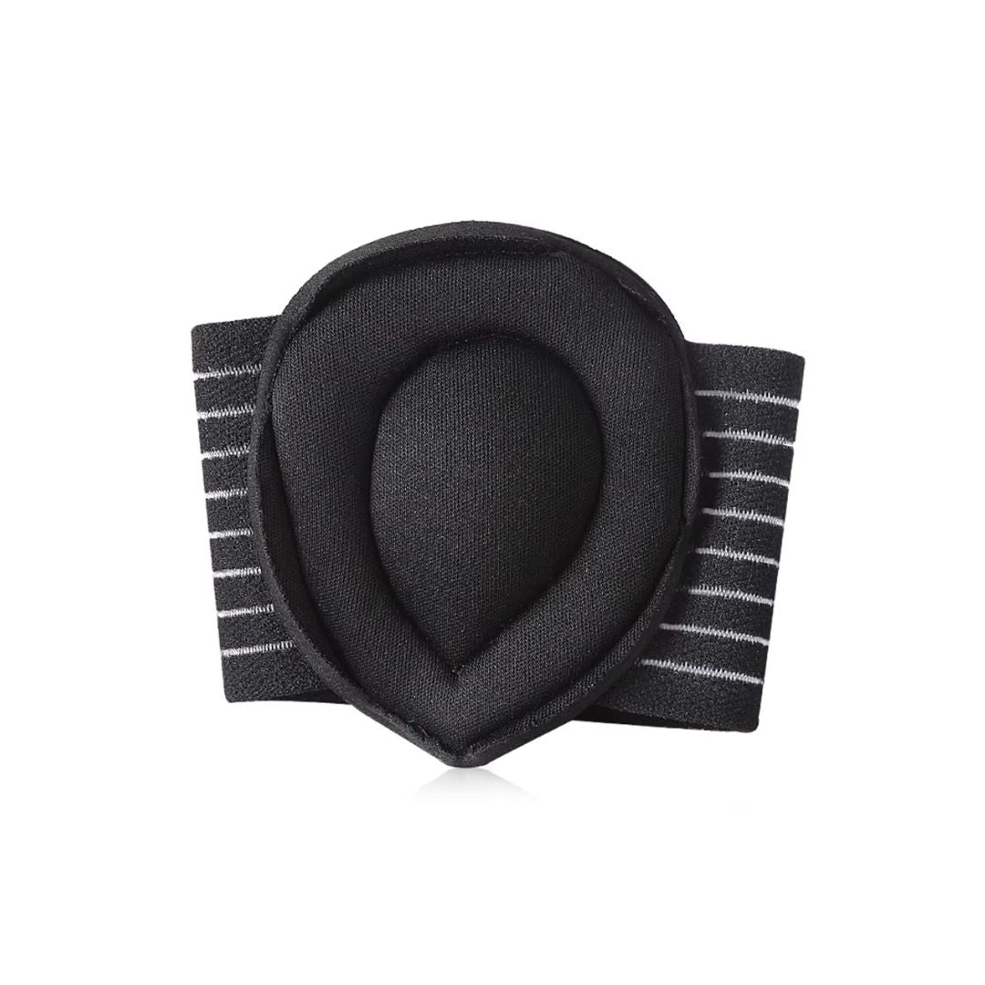 Arch support half insoles in blue, gray and beige, tucked under the arch inside a shoe
