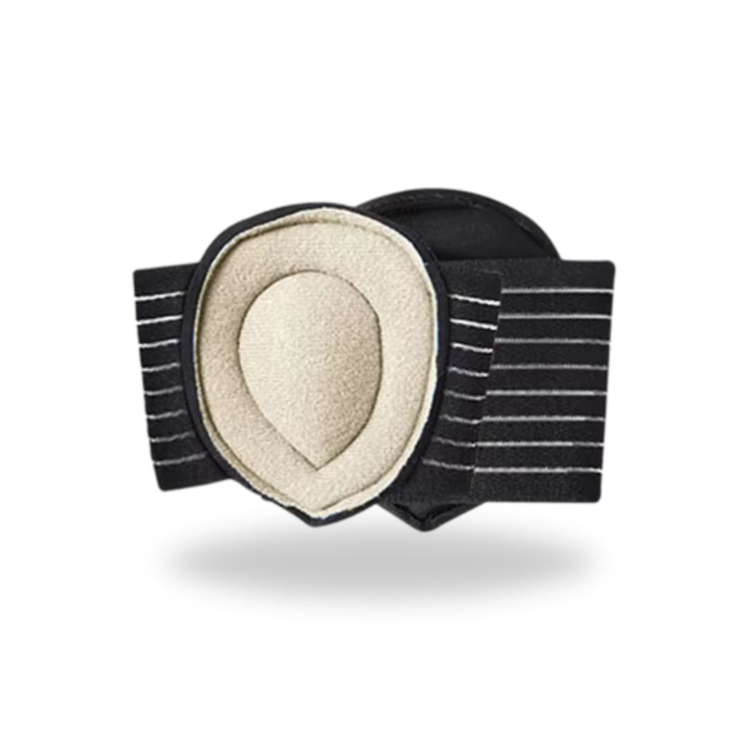 Arch support half insoles in blue, gray and beige, tucked under the arch inside a shoe